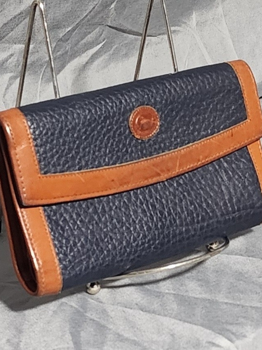 Vintage Dooney & Bourke All Weather Navy & Tan Leather Trifold Wallet Clutch